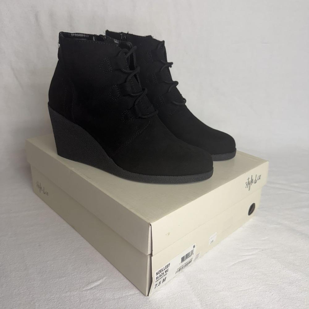 STYLE & CO Women's Black Microsuede Noellee Lace-Up Side Zip Wedge Boots SZ 7.5